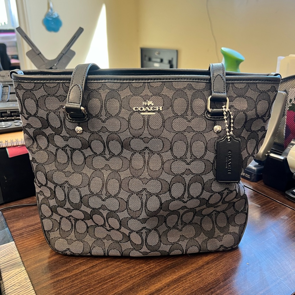Coach Signature Jacquard Tote in Black and Gray